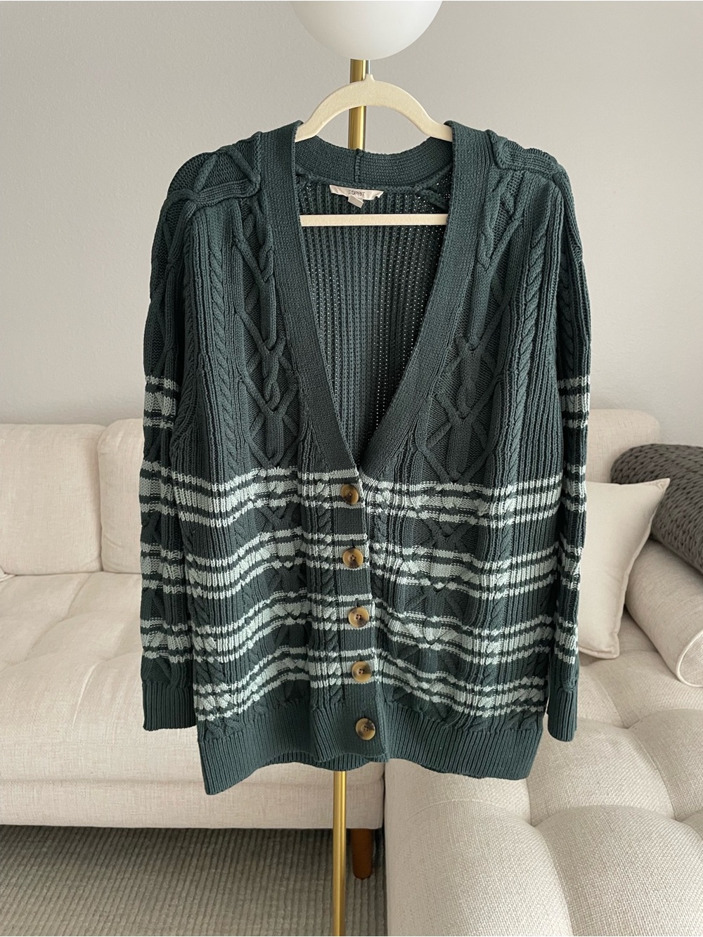 Esprit Cable Knit V-Neck Cardigan Dark Green Light Sage Striped Preppy Academia